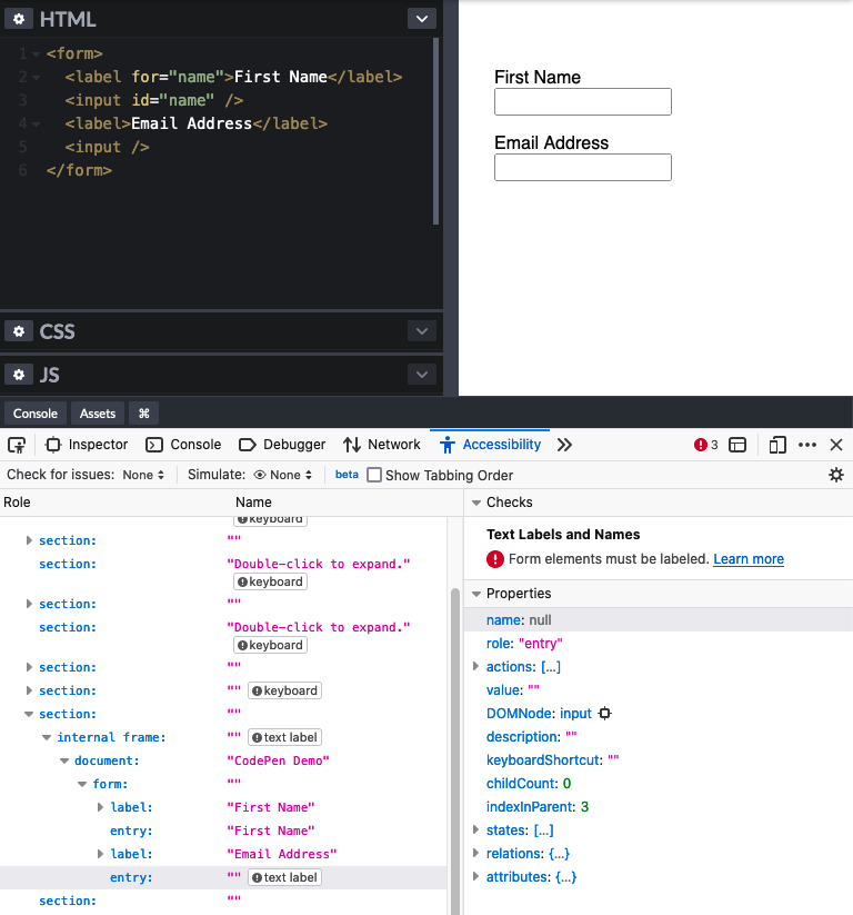 Screenshot of the code for two form inputs, rendered output, and accessibility inspector panel